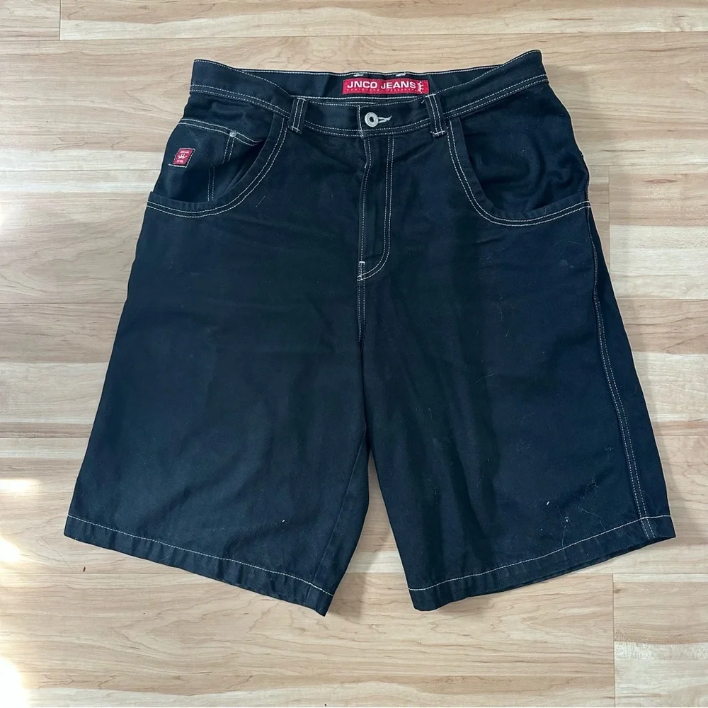 Black JNCO skater shorts with embroidered bulldog on back pocket - Picture 2 of 6